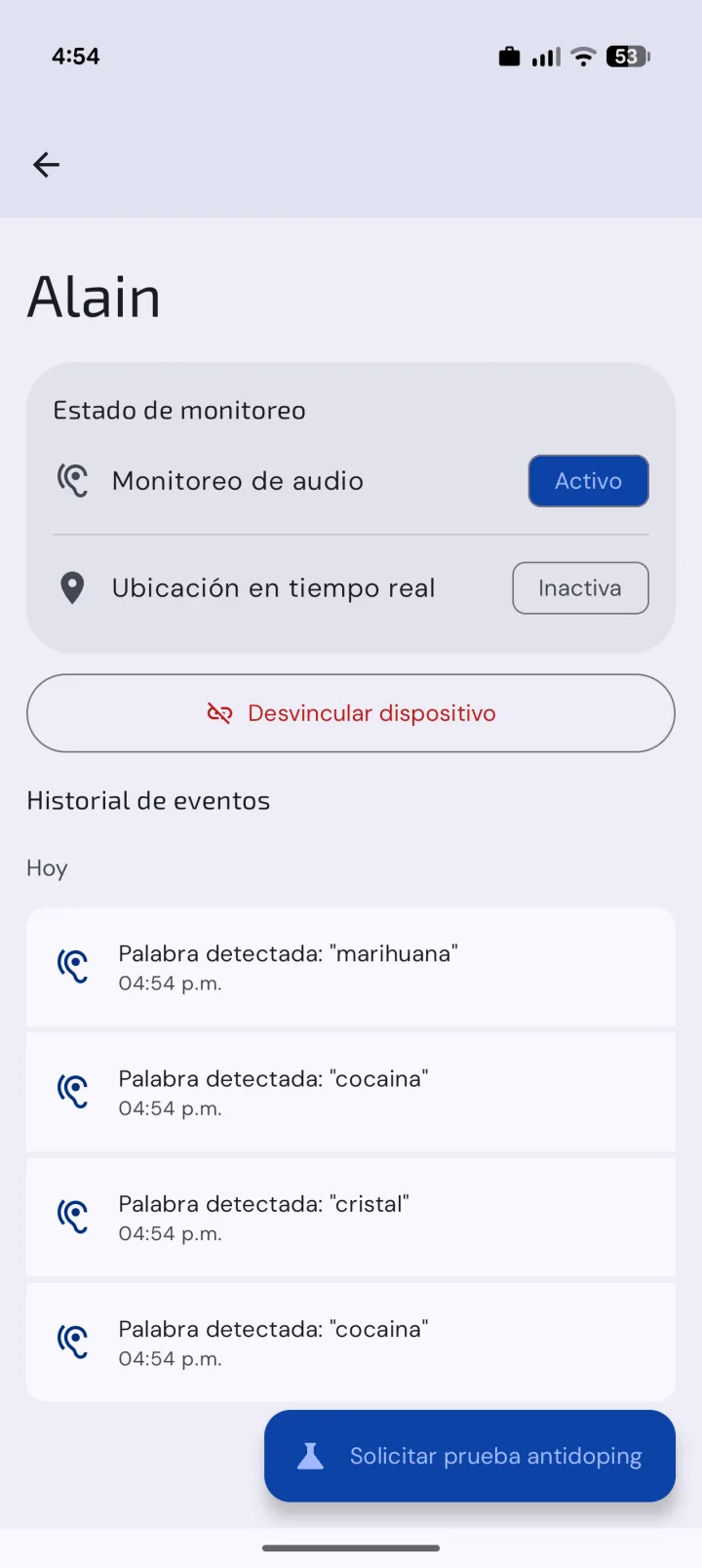Sentry · historial con palabras detectadas