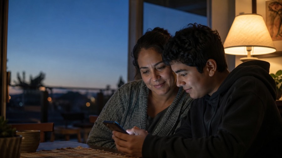 Foto de familia real en casa, luz cálida a azul (ver prompt página 2)