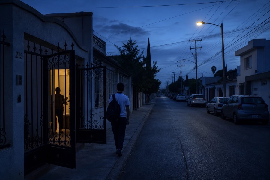 Foto de familia real, adolescente saliendo de casa al amanecer (ver prompt página 12)