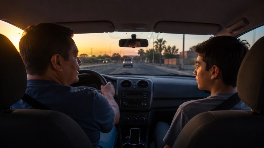 Foto de padre/madre e hijo(a) hablando en el coche al atardecer (ver prompt de portada)