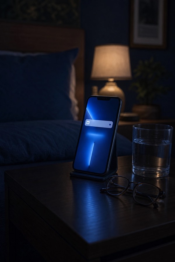 Teléfono con notificación visible sobre buró (ver prompt)