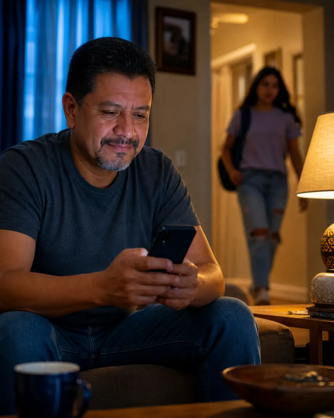 Padre revisando Sentry mientras su hija llega a casa